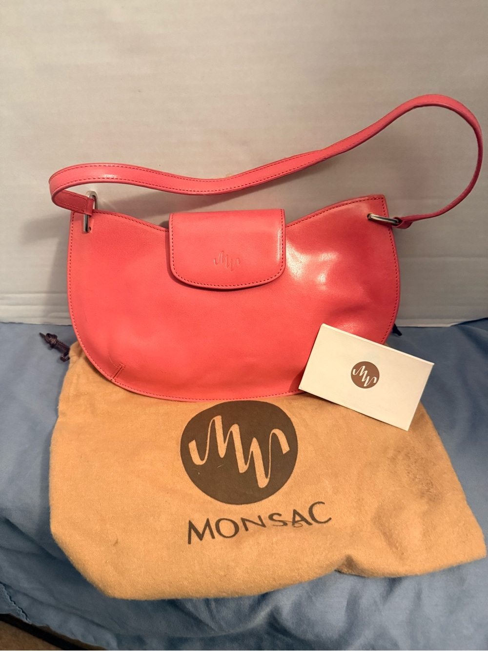 Monsac Coral-Red Leather Crescent Shoulder Bag